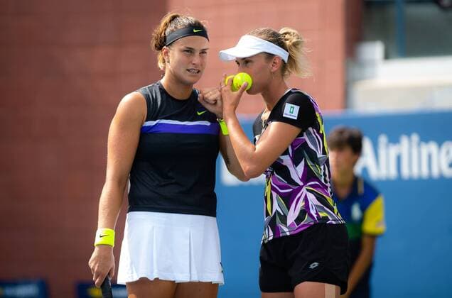 September 1, 2019, New York, NEW YORK, United States: Aryna Sabalenka of Belarus & Elise Mertens of Belgium playing doubles at the 2019 US Open Grand Slam tennis tournament US Open 2019, Tennis, New York City, United States, Sep 1 - ZUMAa181 20190901_zaa_a181_217 Copyright: xAFP7x