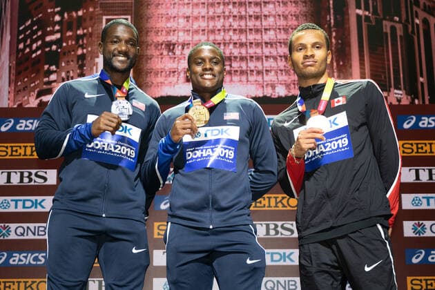 Bilder des Jahres 2019, Sport 09 September Sport Themen der Woche KW39 IAAF World Athletics Championships Doha 2019; Qatar, 29.09.2019 DOHA, QATAR - SEPTEMBER 29: Christian Coleman (USA), Justin Gatlin (USA) and Andre de Gasse (CAN) at the Podest on day 3 of the IAAF World Athletics Championships Doha 2019 at the Khalifa International Stadium of Doha on 29.9.2019 in Arabian Peninsula Qatar. Copyright: xBEAUTIFULxSPORTS OliverxKremerx