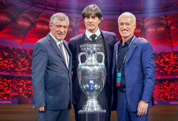 Bilder des Jahres 2019, Sport 11 November Nationaltrainer Gruppe F: Nationaltrainer Fernando Santos (Portugal), Nationaltrainer Didier Deschamps (Frankreich, France), Bundestrainer Joachim Loew (Deutschland Germany) - 30.11.2019: UEFA EURO2020 Auslosung, Romexpo Bukarest, DISCLAIMER: UEFA regulations prohibit any use of photographs as image sequences and or quasi-video.