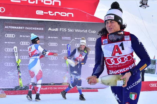 Bilder des Jahres 2020, Sport 01 Januar Sport Themen der Woche KW02 Sport Bilder des Tages 12.01.2020, xbrx, Wintersport FIS, Weltcup Super Kombination Damen - Zauchensee emspor, v.l. Federica Brignone (ITA), Marta Bassino (ITA), Podest, Siegerehrung, Champagnerdusche Zauchensee