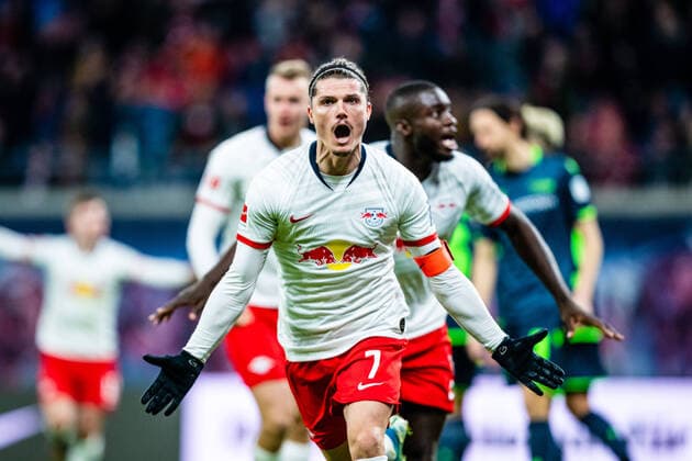 Bilder des Jahres 2020, Sport 01 Januar Sport Themen der Woche KW03 Sport Bilder des Tages Tor-Jubel von Marcel Sabitzer ( 7 RB Leipzig) nach dem zweiten Tor mit Dayot Upamecano ( 5 RB Leipzig) waehrend der Saison 2019-2020 in der 1. Fussball Bundesliga (Herren) am 18. Spieltag zwischen RB Leipzig und 1. FC Union Berlin in der Red Bull Arena am 18. January 2020 in Leipzig, Sachsen (Saxony), Deutschland (Germany) (DFL REGULATIONS PROHIBIT ANY USE OF PHOTOGRAPHS AS IMAGE SEQUENCES AND OR QUASI-VIDEO)