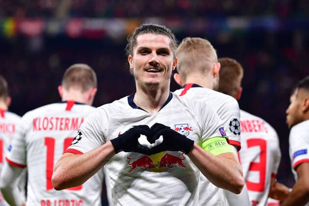 Bilder des Jahres 2020, Sport 03 März Sport Themen der Woche KW11 Sport Bilder des Tages Fußball Champions League Achtelfinale RB Leipzig - Tottenham Hotspur am 10.03.2020 in der Red Bull Arena in Leipzig Torjubel zum 1:0 durch Marcel Sabitzer ( Leipzig ) DFL Regulations prohibit any use of photographs as image sequences and or quasi video.