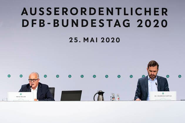 Bilder des Jahres 2020, Sport 05 Mai Sport Themen der Woche KW22 Sport Bilder des Tages 98. (Ausserordentlicher) Bundestag des DFB Das Praesidium des Deutschen Fussball-Bundes hat für Montag, den 25. Mai 2020 einen Ausserordentlichen Bundestag einberufen, bei dem die Auswirkungen der Corona-Pandemie auf den deutschen Fussball im Vordergrund stehen. Der Bundestag wird erstmals virtuell durchgefuehrt. Der DFB-Praesidialausschuss bei einer Schweigeminute fuer die Opfer der Corona-Pandemie v.l.: Christian Seifert (DFB-Vizepraesident), Peter Peters (1. DFB-Vizepraesident), Fritz Keller (DFB-Praesident), Dr. Friedrich Curtius (DFB-Generalsekretaer), Dr. Rainer Koch (1. DFB-Vizepraesident), Dr. Stephan Osnabruegge (DFB-Schatzmeister) Meckenheim, 25.05.2020 Foto: Thomas Boecker DFB POOL Nordrhein-Westfalen Deutschland