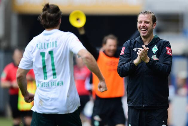 Sport Bilder des Tages SC Paderborn 07 vs SV Werder Bremen, 13.06.2020 1:5 Tor, Jubel v.l. Torschuetze Niclas Fuellkrug, Trainer Florian Kohfeldt (Bremen) Paderborn, 13.06.2020, Fussball Bundesliga, SC Paderborn 07 - SV Werder Bremen 1:5 Foto: Groothuis Witters Pool via gumzmedia nordphoto Paderborn (DFL DFB REGULATIONS PROHIBIT ANY USE OF PHOTOGRAPHS as IMAGE SEQUENCES and or QUASI-VIDEO)