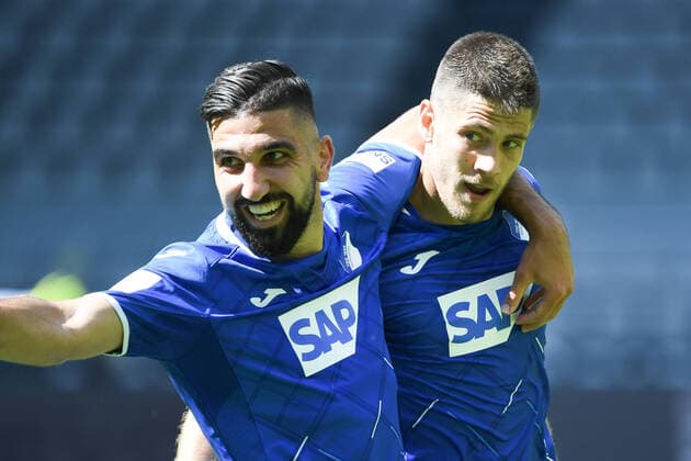 Bilder des Jahres 2020, Sport 06 Juni Sport Themen der Woche KW26 1. Fussball Bundesliga, Bosussia Dortmund - TSG 1899 Hoffenheim, Geisterspiel 27.06.2020, xmeix, 1.Fussball Bundesliga, Borussia Dortmund - TSG 1899 Hoffenheim, empor. v.l.n.r, Jubel zum 0:4 fuer Hoffenheim durch Andrej Kramaric (TSG 1899 Hoffenheim) mit Munas Dabbur (TSG 1899 Hoffenheim) Foto: Sascha Meiser APF Pool Nur für journalistische Zwecke! Only for editorial use! Nutzungsbedingungen: http: poolbilder.de nutzungsvereinbarung.pdf