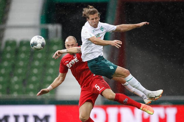 SV Werder Bremen vs 1. FC Koeln 27.06.2020, wohninvest WESERSTADION, Bremen, Ligaspiel, 1. Bundesliga, SV Werder Bremen vs 1. FC Koeln, im Bild v.l. Rafael Czichos (5, Koeln), Niclas Fuellkrug (11, Bremen) Foto: Joachim Sielski Sielski-Press Pool Sielski DFL regulations prohibit any use of photographs as image sequences and or quasi-video. EDITORIAL USE ONLY National and international News-Agencies OUT. Bremen wohninvest WESERSTADION Bremen Deutschland