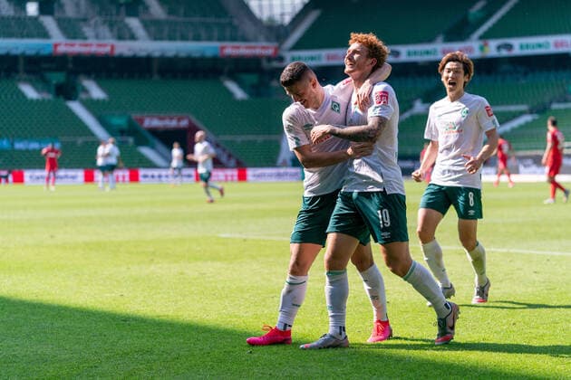 Bilder des Jahres 2020, Sport 06 Juni Sport Themen der Woche KW26 Sport Bilder des Tages SV Werder Bremen vs 1.FC Koeln 27.06.2020 Jubel Milot Rashica (Werder Bremen 07), Joshua Sargent (Werder Bremen 19), Yuya Osako (Werder Bremen 08) nphgm001: Fussball: 1. Bundesliga: Saison 19 20: 34. Spieltag: SV Werder Bremen vs 1.FC Koeln 27.06.2020 Foto: gumzmedia nordphoto POOL DFL regulations prohibit any use of photographs as image sequences and or quasi-video. EDITORIAL USE ONLY National and international News-Agencies OUT. Bremen wohninvest Weserstadion Bremen DEUTSCHLAND
