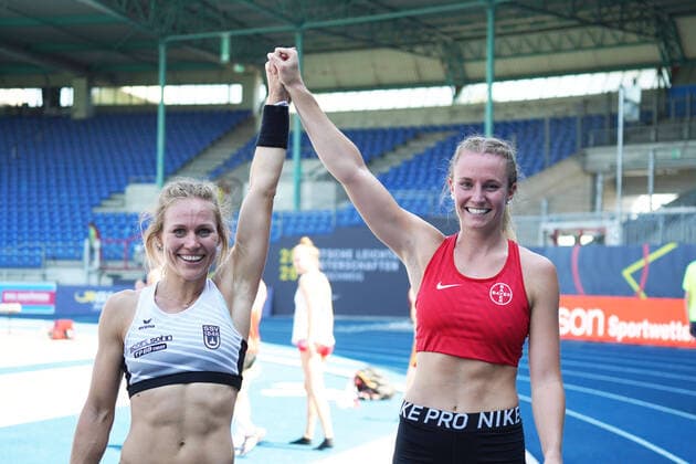 Bilder des Jahres 2020, Sport 08 August Sport Themen der Woche KW32 Sport Bilder des Tages Leichtathletik, Deutsche Meisterschaften 2020, Leichtathletik DM Braunschweig, 08.08-09.08.2020, Corona ,Covid 19, Ohne Zuschauer, Braunschweig, Stefanie Dauber, SSV Ulm, Ria Möllers, Moellers, TSV Bayer 04 Leverkusen , Stabhochsprung Frauen,
