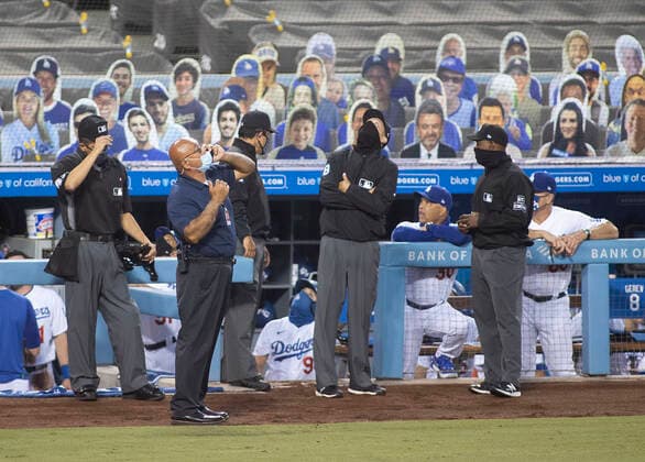 September 4, 2020, Los Angeles, California, USA: Umpires stop the game between the Los Angeles Dodgers and the Colorado Rockies on Friday September 4, 2020 at Dodger Stadium in Los Angeles, California. Due to a drone over the stadium. Dodgers defeat Rockies, 10-6. JAVIER ROJAS PI Los Angeles USA - ZUMAp124 20200904_zaa_p124_020 Copyright: xJavierxRojasx