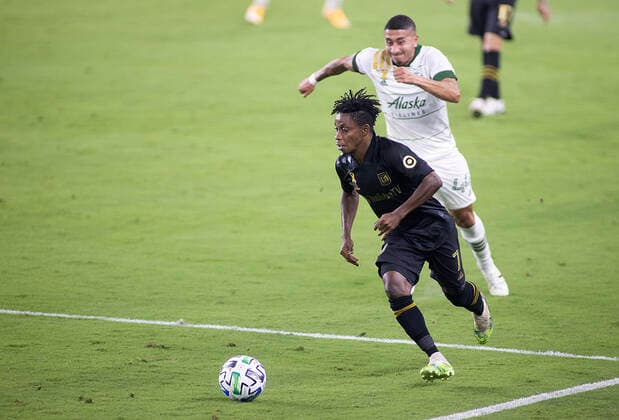 September 13, 2020, Los Angeles, California, USA: Latif Blessing 7 of the LAFC with the ball during their MLS, Fussball Herren, USA game with the Portland Timbers on Sunday September 13, 2020 at the Banc of California Stadium in Los Angeles, California. LAFC defeats Timbers, 4-2. JAVIER ROJAS PI Los Angeles USA - ZUMAp124 20200913_zaa_p124_017 Copyright: xJavierxRojasx