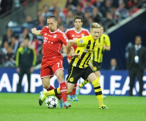 Championsleague Finale: Borussia Dortmund - FC Bayern Muenchen 25.05.2013 . Franck Ribery (li.) im Zweikampf mit Marco Reuss (BvB).