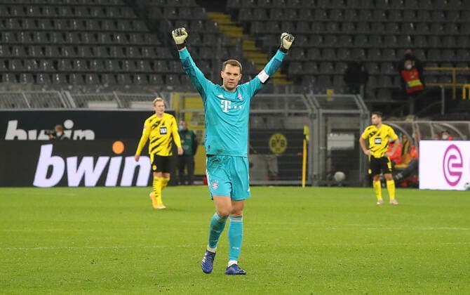 Bilder des Jahres 2020, Sport 11 November Sport Themen der Woche KW45 Sport Bilder des Tages firo : 07.11.2020 Fußball: Fussball: 1.Bundesliga Saison 2020 21 BVB , Borussia Dortmund - FC Bayern München , Muenchen firo : 07.11.2020 Fußball: Fussball: 1.Bundesliga Saison 2020 21 BVB , Borussia Dortmund - FC Bayern München , Muenchen FCB Torwart , Torhüter , Goalkeeper , Manuel Neuer , Jubel , Torjubel , Gestik , Geste , Foto:Jürgen Fromme firo pool Dortmund Bundesland NRW Deutschland