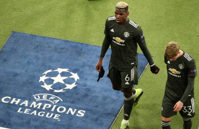 Bilder des Jahres 2020, Sport 12 Dezember Sport Themen der Woche KW50 GER, Champions League, Gruppenphase, RB Leipzig - Manchester United, ManU 08.12.2020 , Leipzig, Red Bull Arena, GER, Saison 2020 2021, UEFA Champions League, Gruppenphase, Gruppe H, Spiel 6 von 6 RasenBallsport Leipzig vs Manchester United im Bild Paul Pogba und Brandon Williams (ManUnited) enttäuscht nach der Niederlage DFL regulations prohibit any use of photographs as image sequences and or quasi-video