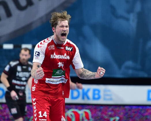 Bilder des Jahres 2021, Sport 02 Februar Sport Themen der Woche KW08 Sport Bilder des Tages 28.02.2021 - Handball - 1. Bundesliga LIQUI MOLY HBL - Saison 2020 2021 - 16. Spieltag: HC Erlangen Metropolregion Nürnberg HCE - HSG Nordhorn Lingen - OGo - Markus Stegefelt (14, HSG Nordhorn Lingen) Jubel Freude
