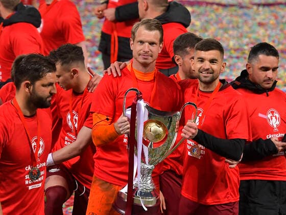Syam Habib Ben Youssef, Giedrius Arlauskis and Mateo Susic pose with the trophy after the football match between CFR Cluj and FCSB, Romanian Super Cup, held without spectators on Ilie Oana Stadium in Ploiesti, Thursday, April 15, 2021 Ploiesti Copyright: xRazvanxPasarica SPORTxPICTURESx