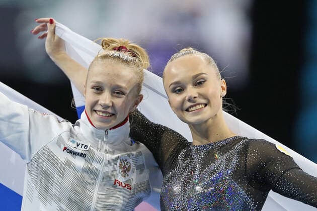 Viktoria Listunova and Angelina Melnikova, RUS, after all-around final at 2021 artistics Europeans in Basel; 23 04 2021;