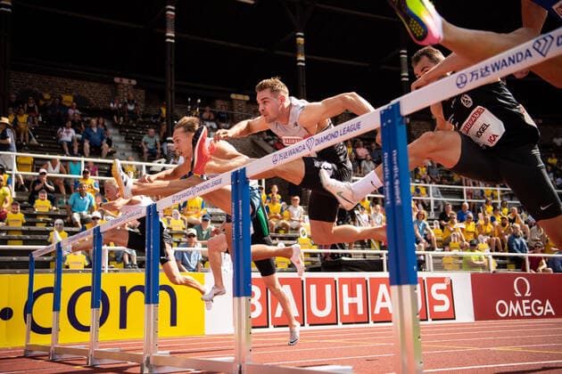 Bilder des Jahres 2021, Sport 07. Juli Sport Themen der Woche KW26 Sport Bilder des Tages 210704 David King of Great Britain,Elmo Lakka of Finland and Martin Vogel of Germany competes in men s 110 meter hurdles during the athletics gala Bauhaus-galan, Diamond League Stockholm on July 4, 2021 in Stockholm. Photo: Joel Marklund BILDBYRAN kod JM JM0156 bbeng athletics friidrott friidrett iaaf diamond league bauhausgalan bauhaus-galan diamond league 2021 stockholm Copyright: JOELxMARKLUND BB210704JM031