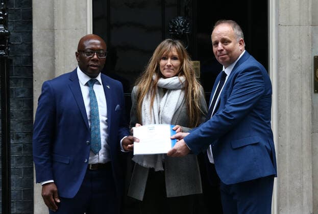 September 30, 2021, London, England, United Kingdom: Former Chelsea player MICKEY AMBROSE (L), Co-founder of charity Head For Change Dr. SALLY TUCKER and Former Leeds United player JOHN STILES (R) The PeopleÃ¢â‚¬â ¢s Football Association hands in their blueprint of change plan for Football Association to 10 Downing Street. The PeopleÃ¢â‚¬â ¢s Football Association campaign group wants to make the biggest changes to footballs governing body in the UK since it was founded in 1963. London United Kingdom - ZUMAs262 0136447142st Copyright: xTayfunxSalcix