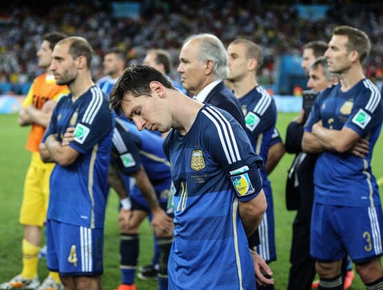 Football - 2014 FIFA World Cup, WM, Weltmeisterschaft, Fussball - Final - Germany v Argentina 13 July 2014 - FIFA World Cup - Final - Germany v Argentina - A dejected Lionel Messi of Argentina reacts after the defeat - Photo: Marc Atkins Offside. Rio de Janeiro Brazil Copyright: xMarcxAtkinsxOffside