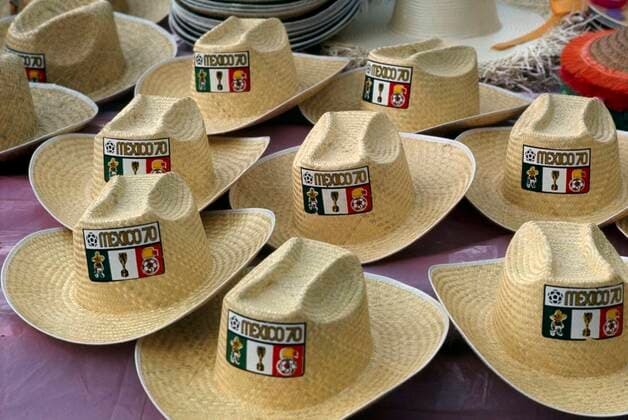 1970 FIFA World Cup, WM, Weltmeisterschaft, Fussball 31 5 1970 Football World Cup 1970. Hats on display prior to the start of the World Cup in Mexico. Photo: Gerry Cranham Offside. Mexico