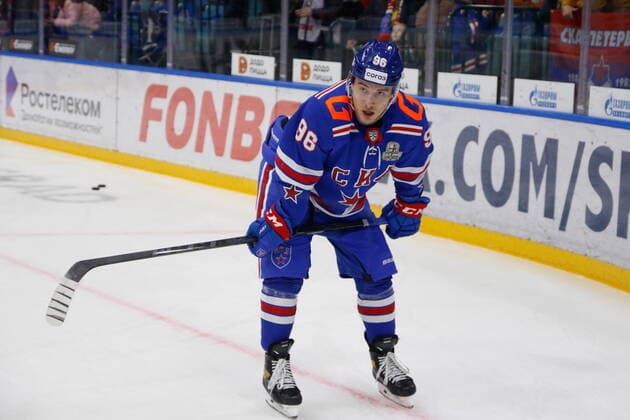 SKA Hockey Club player, Andrei Kuzmenko (No.96) seen in action during the Kontinental Hockey League, Gagarin Cup, 5th match of the Western Conference Finals KHL 2021 22 between SKA Saint Petersburg and CSKA Moscow at the Ice Sports Palace. (Final score; SKA Saint Petersburg 3:2 CSKA Moscow) MaksimxKonstantinov