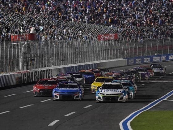 CHARLOTTE, NC - MAY 29: Ross Chastain ( 1 TrackHouse Racing Advent Health Chevrolet) and Kyle Larson ( 5 Hendrick Motorsports HendrickCars.com Chevrolet) lead the field to a restart during the running of the NASCAR, Motorsport, USA Cup Series Coca-Cola 600 on May 29, 2022, at Charlotte Motor Speedway in Concord, NC.(Photo by Jeffrey Vest Icon Sportswire) AUTO: MAY 29 NASCAR Cup Series Coca-Cola 600 Icon2205292142