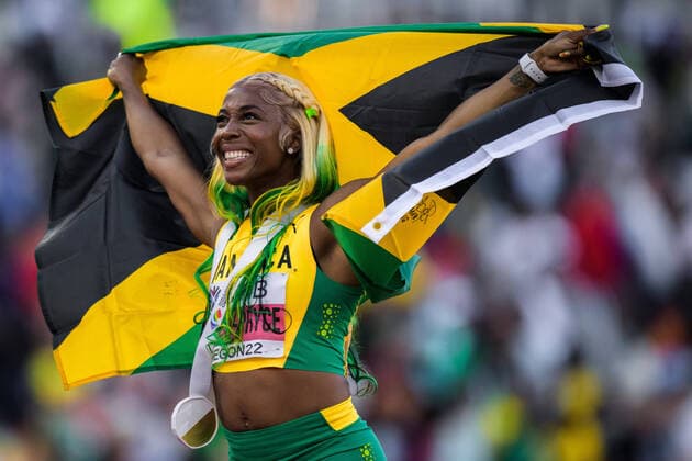 Bilder des Jahres 2022, Sport 07 Juli 220717 Shelly-Ann Fraser-Pryce of Jamaica celebrates after winning the final of women?s 100 meters during day 3 of the 2022 World Athletics Championships on July 17, 2022 in Eugene. Photo: Joel Marklund BILDBYRAN kod JM JM0326 bbeng friidrott athletics friidrett 2022 world athletics championships world athletics championships oregon22 friidrotts-vm friidretts-vm vm dam final jubel Copyright: JOELxMARKLUND BB220717JM138