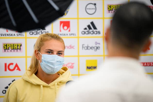 220723 Amanda Nilden of the Swedish women s national football team at a press conference, PK, Pressekonferenz during the UEFA Women s Euro 2022 Championship on July 23, 2022 in Chester. Photo: Ludvig Thunman BILDBYRAN kod LT LT0389 fotboll football soccer fotball fotbolls-em europamästerskap em uefa womens euro presskonferens press conference sverige sweden day 18 dam bbeng Copyright: LUDVIGxTHUNMAN BB220723LT098