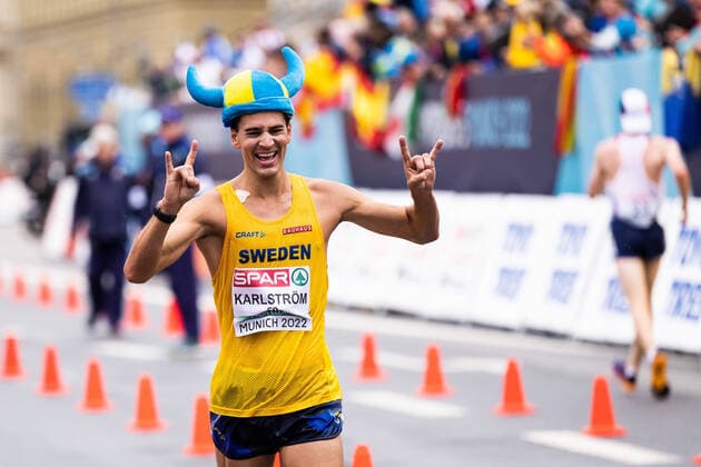 Bilder des Jahres 2022, Sport 08 August Sport Themen der Woche KW33 220820 Perseus Karlström of Sweden celebrates after men?s 20 km race walk during day 10 of the European Championships on August 20, 2022 in Munich. Photo: Mathias Bergeld BILDBYRAN kod MB MB0442 friidrott athletics friidrett europamästerskap em em 2022 european championships munich 2022 munchen-em day 10 bbeng jubel sverige Copyright: MATHIASxBERGELD BB220820MB020