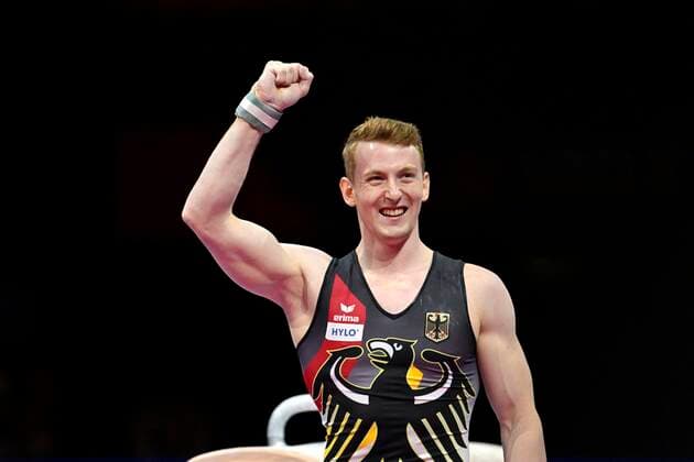 Bilder des Jahres 2022, Sport 08 August Sport Themen der Woche KW33 21.08.2022, European Championchips München 2022, Geräteturnen Finale Männer, in der Olympiahalle München, Nils Dunkel (Deutschland) Jubel nach seiner Darbietung am Pauschenpferd, er macht den dritten Platz, Bronzemedaille.
