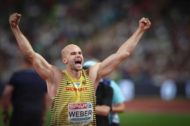 Bilder des Jahres 2022, Sport 08 August Sport Themen der Woche KW33 European Championships Munich22; Leichtathletik, 21.08.2022 Julian Weber (GER) freut sich - European Championships Munich22 am 21.08.22 im Olympiastadion in Muenchen, Deutschland. Copyright: xBEAUTIFULxSPORTS AxelxKohringx