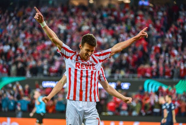 Bilder des Jahres 2022, Sport 09 September Sport Themen der Woche KW37 Sport Bilder des Tages 15.09.2022, xjpx, Fussball UEFA Conference League, 1.FC Koeln - 1.FC Slovacko emspor, v.l. Tomas Brecka (Slovacko) bejubelt seinen Treffer zum 4:2. Dahinter verdeckt Steffen Tigges (Koeln) (DFL DFB REGULATIONS PROHIBIT ANY USE OF PHOTOGRAPHS as IMAGE SEQUENCES and or QUASI-VIDEO) Koeln