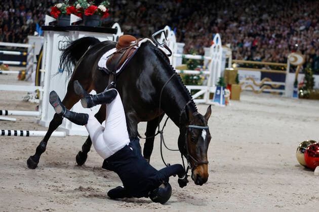Bilder des Jahres, Sport 11 November Sport Themen der Woche KW47 Sport Bilder des Tages STOCKHOLM 20221127 Stephanie HolmÃ n faller av Flip s Little Sparrow under Grand Prix- hoppningen under Sweden International Horse Show pa Friends Arena i Solna pa södnagen. Stockholm SVERIGE x10430x
