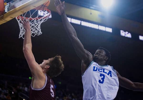 November 27, 2022, Los Angeles, California, USA: Peter Suder 5 of the Bellarmine Knights puts up a shot past Adem Bona 3 of the UCLA Bruins during their NCAA, College League, USA basketball game on Sunday November 27, 2022 at Pauley Pavilion in Westwood, California. Bruins defeat Knights, 81-60. PI Los Angeles USA - ZUMAp124 20221127_zaa_p124_038 Copyright: xJAVIERxROJASx