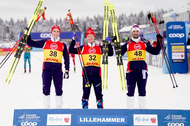 Nordic World Cup in Lillehammer Lillehammer 20221202 Ivar Tildheim Andersen in the middle won the mens 15 km free technique ahead of Didrik Tonseth t v and Hans Christer Holund in Lillehammer on Friday Photo Heiko Junge NTB Lillehammer Norway EDITORIAL USE ONLY RESTRICTED USE FOR BETTING COMPANIES  Copyright: xHeikoxJungex xNTBx