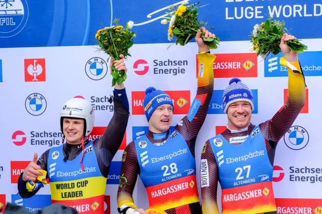 Bilder des Jahres 2023, Sport 02 Februar Sport Themen der Woche KW05 Sport Bilder des Tages Eberspächer Rodel Weltcup in Altenberg am 05.02.2023. 2. Lauf Herren. Dominik Fischnaller (ITA), Max Langenhan (GER), Felix Loch (GER) (v.l.).