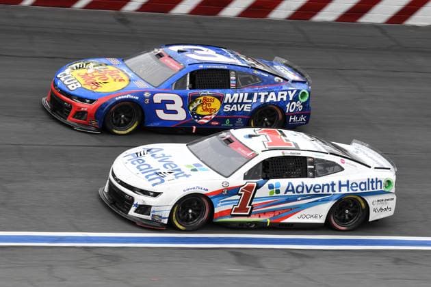 CHARLOTTE, NC - MAY 29: Ross Chastain ( 1 TrackHouse Racing AdventHealth Chevrolet) and Austin Dillon ( 3 Richard Childress Racing Bass Pro Shops Chevrolet) race side by side during the running of the NASCAR, Motorsport, USA Cup Series Coca-Cola 600 on May 29, 2023, at Charlotte Motor Speedway in Concord, NC. (Photo by Jeffrey Vest Icon Sportswire) AUTO: MAY 29 NASCAR Cup Series Coca-Cola 600 EDITORIAL USE ONLY Icon2305292837