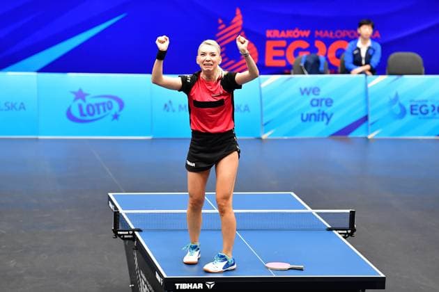 Bilder des Jahres 2023, Sport 06 Juni Sport Bilder des Tages Bernadette SZOCS, Rumänien, gewinnt erstmals Gold im Einzel bei den Europaspiele und macht gegen Xiaoing Yang, Monaco, im Finale einen Rückstand wett. Bernadette SZOCS, Rumänien, gewinnt erstmals Gold im Einzel bei den European Games und macht gegen Xiaoing Yang, Monaco, im Finale einen Rückstand wett. Krakau Krakau Hutnik Arena Polen