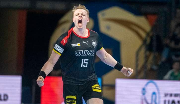 Bilder des Jahres 2023, Sport 06 Juni 29.06.2023, GER, Handball, Herren, DHB, Handball U21, U 21 Weltmeisterschaft 2023, Viertelfinale, Deutschland - Dänemark Justus Fischer (Deutschland) jubelt Berlin Max-Schmeling-Halle Berlin Deutschland
