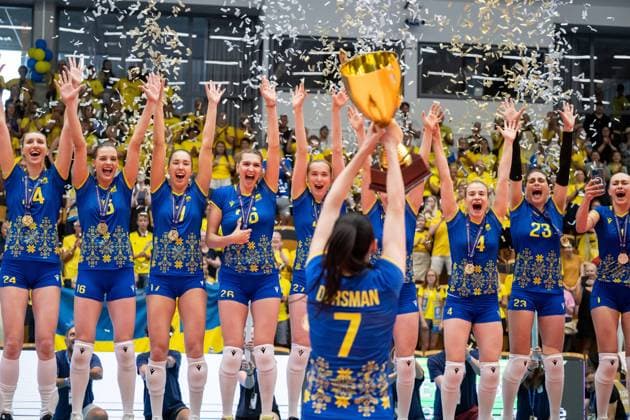 Bilder des Jahres 2023, Sport 07 Juli Sport Themen der Woche KW27 Sport Bilder des Tages 230709 Players of Ukraine celebrate after the European Golden League final between Sweden and Ukraine on July 9, 2023 in Lund. Photo: Mathilda Ahlberg BILDBYRAN kod MA MA0495 volleyboll volleyball european golden league final sverige ukraine sweden dam bbeng jubel Copyright: MATHILDAxAHLBERG BB230709MA037