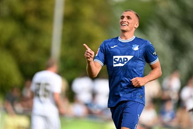 12.07.2023, Heilbronn, Germany, Erbe Arena, TSG 1899 Hoffenheim vs SV Elversberg - Testspiel, Grischa Proemel (TSG 1899 Hoffenheim) Torjubel, jubelt nach seinem treffer zum 1:0 (Foto H. Langer, H. Langer) Heilbronn Erbe Arena Germany