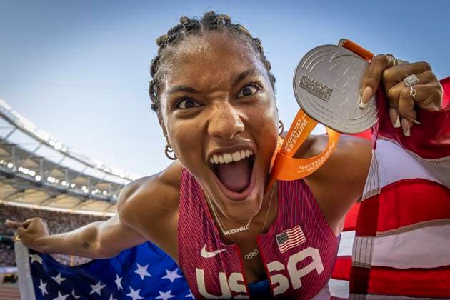 Bilder des Jahres 2023, Sport 08 August Sport Themen der Woche KW33 Sport Bilder des Tages World Athletics Championships Budapest 23; Hungary, 20.08.2023 Budapest, Hungary - August 20: Tara DAVIS-WOODHALL of the UNITED STATES (USA) wins SILVER in the long jump on day 2 of the World Athletics Championships Budapest 23 at the National Athletics Centre in Budapest, Hungary on August 20, 2023. Copyright: xBEAUTIFULxSPORTS AxelxKohringx