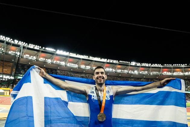 230824 Miltiadis Tentoglou of Greece celebrates after men?s long jump final during day 6 of the 2023 World Athletics Championships on August 24, 2023 in Budapest. Photo: Joel Marklund BILDBYRAN kod JM JM0522 bbeng friidrott athletics friidrett 2023 world athletics championships world athletics championships budapest23 friidrotts-vm friidretts-vm vm jubel Copyright: JOELxMARKLUND BB230824JM171