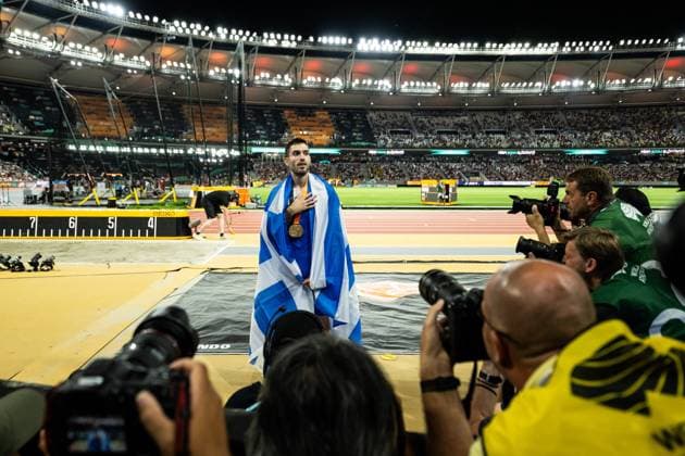230824 Miltiadis Tentoglou of Greece celebrates after men?s long jump final during day 6 of the 2023 World Athletics Championships on August 24, 2023 in Budapest. Photo: Joel Marklund BILDBYRAN kod JM JM0522 bbeng friidrott athletics friidrett 2023 world athletics championships world athletics championships budapest23 friidrotts-vm friidretts-vm vm jubel Copyright: JOELxMARKLUND BB230824JM172