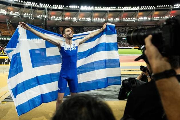230824 Miltiadis Tentoglou of Greece celebrates after men?s long jump final during day 6 of the 2023 World Athletics Championships on August 24, 2023 in Budapest. Photo: Joel Marklund BILDBYRAN kod JM JM0522 bbeng friidrott athletics friidrett 2023 world athletics championships world athletics championships budapest23 friidrotts-vm friidretts-vm vm jubel Copyright: JOELxMARKLUND BB230824JM173