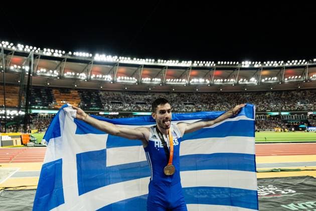 230824 Miltiadis Tentoglou of Greece celebrates after men?s long jump final during day 6 of the 2023 World Athletics Championships on August 24, 2023 in Budapest. Photo: Joel Marklund BILDBYRAN kod JM JM0522 bbeng friidrott athletics friidrett 2023 world athletics championships world athletics championships budapest23 friidrotts-vm friidretts-vm vm jubel Copyright: JOELxMARKLUND BB230824JM174