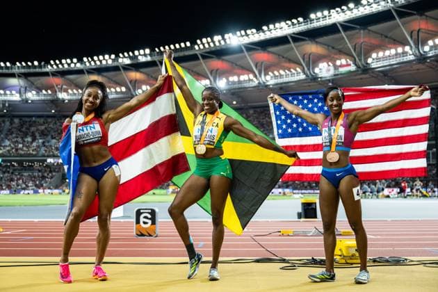 Bilder des Jahres 2023, Sport 08 August Sport Themen der Woche KW34 Sport Bilder des Tages 230824 Jasmine Camacho-Quinn of Cuba, Danielle Williams of Jamaica and Kendra HArrison of USA celebrate after women?s 100 meter hurdles during day 6 of the 2023 World Athletics Championships on August 24, 2023 in Budapest. Photo: Joel Marklund BILDBYRAN kod JM JM0522 bbeng friidrott athletics friidrett 2023 world athletics championships world athletics championships budapest23 friidrotts-vm friidretts-vm vm jubel Copyright: JOELxMARKLUND BB230824JM187