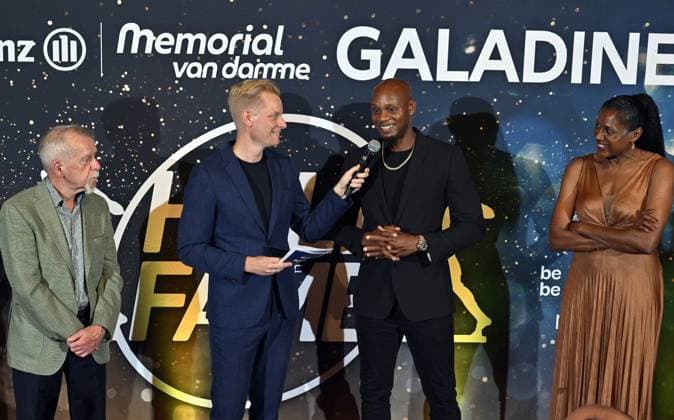 Wilfried Meert, organizer of the Memorial Van Damme meeting, former sprinter Asafa Powell and former sprinter Marie-Jose Perec pictured during a gala dinner before the Memorial Van Damme athletics event in Brussels, Wednesday 06 September 2023. The 47th edition of the Allianz Memorial Van Damme Diamond League meeting takes place on 8 September 2O23. ERICxLALMAND  x73482670x