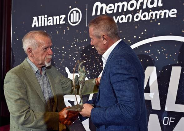 Wilfried Meert, organizer of the Memorial Van Damme meeting, Wilfried Meert, organizer of the Memorial Van Damme meeting and Ukrainian former athlete Sergey Bubka pictured during a gala dinner before the Memorial Van Damme athletics event in Brussels, Wednesday 06 September 2023. The 47th edition of the Allianz Memorial Van Damme Diamond League meeting takes place on 8 September 2O23. ERICxLALMAND  x73489569x
