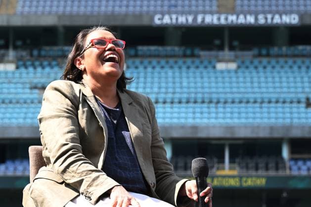 Bilder des Jahres 2023, Sport 09 September Sport Themen der Woche KW37 CATHY FREEMAN STAND LAUNCH, Olympic champion Cathy Freeman set against the backdrop of the newly unveiled Cathy Freeman Stand at Stadium Australia, Sydney Olympic Park, Sydney, Friday, September 15, 2023. The NSW Government named the stand in honour of Cathy Freeman at the home of her 400m Olympic gold medal during the 2000 Sydney Olympic Games, Olympische Spiele, Olympia, OS ( NO ARCHIVING, EDITORIAL USE ONLY, NO USE IN BOOKS WITHOUT CONSENT SYDNEY NSW AUSTRALIA Copyright: xDEANxLEWINSx 20230915001841685041